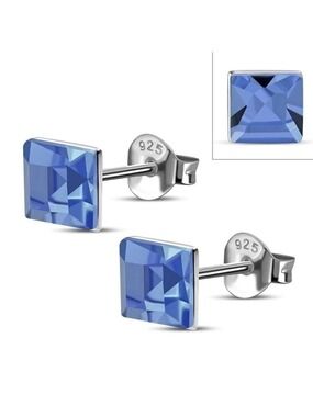Earrings--𝅺sapphire CZ Square Silver Studs, tiny and very blue!